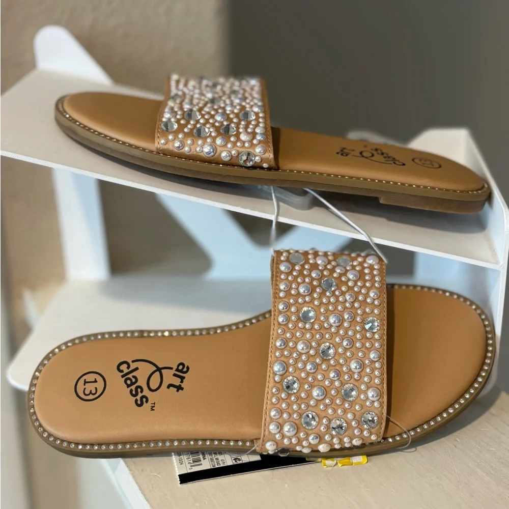 Kids' Heather Embellished Slide Sandals - Art Class Tan Size 13 NEW